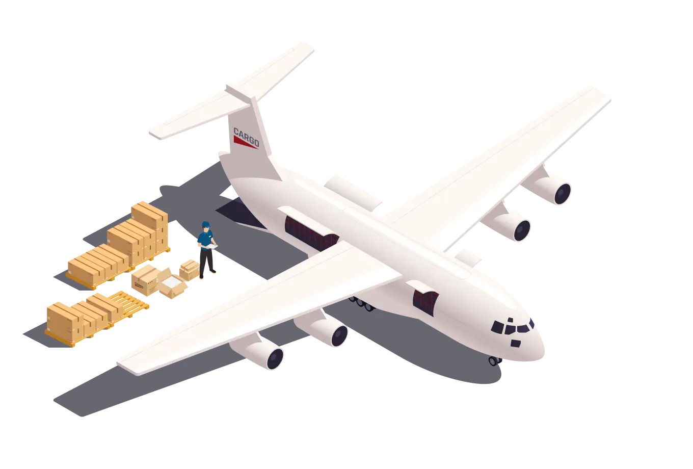 Cargo plane being loaded with boxes on pallets